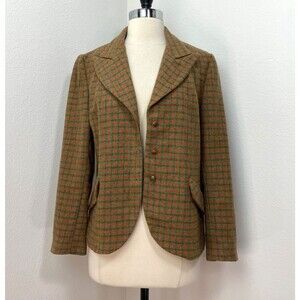 Vintage 60s Womans Wool Blazer Jacket Medium Herringbone Lined Academia Preppy